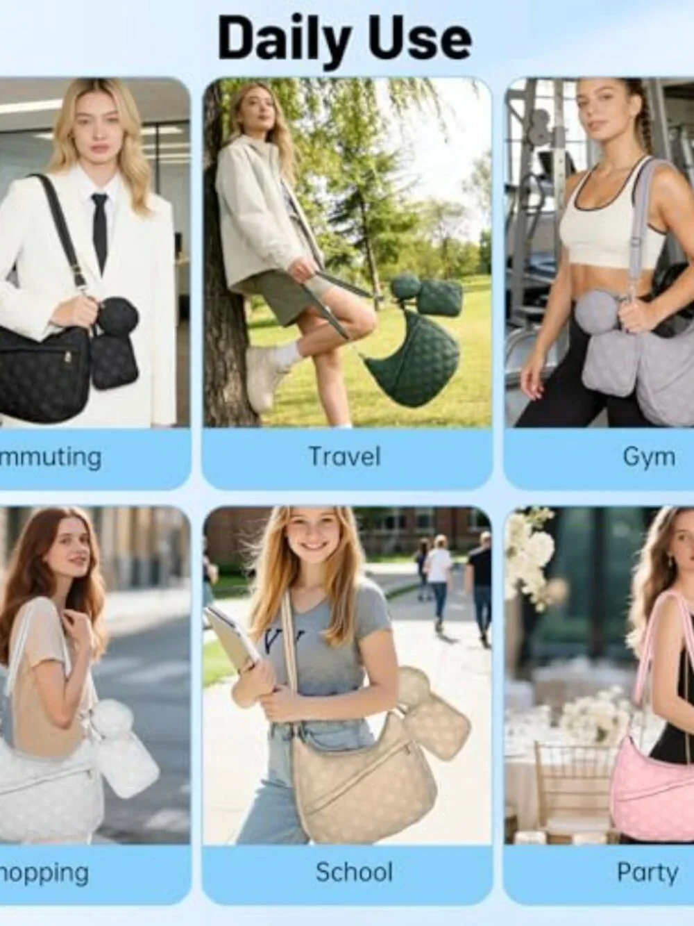 Quilted Puffer Tote Bag Set Hobo Crossbody with Adjustable Strap Nylon